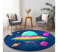 Alfombras redonda Salon 180 cm, Animados Naves Espaciales Extraterrestres Planetas lavable Alfombra de área, Alfombra redonda de Salón Modernas Pelo Corto para decoración del hogar Azul Marino