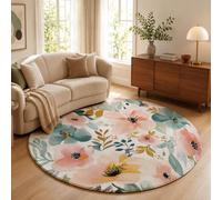 Alfombras Redondas 100cm Suave Alfombra Círculo Flores Silvestres Plantas Verdes para Salón Dormitorio Alfombras de área Flores Jardín En Acuarela Lavable con Base Antideslizante, Colorete En Polvo