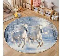 Alfombras Redondas 100cm, Tapete Redondo Caballo Blanco Romántico Lavable Antideslizante, Alfombra de Área País De Las Maravillas Invernal para Salón, Sofá, Estudio, Comedor, Oficina, Azul Claro