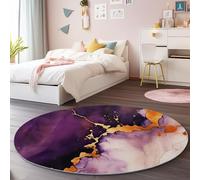 Alfombras Redondas 120 cm Microfibra Suave Alfombra Círculo Salón Dormitorio, Acuarela Lámina Dorada Mármol Texturas Resistente Antideslizante Decoración del Hogar Estampados Alfombras, Púrpura