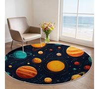 Alfombras Redondas 120 cm Microfibra Suave Alfombra Círculo Salón Dormitorio, Dibujos Animados Espacio Planetas Resistente Antideslizante Decoración del Hogar Estampados Alfombras, Negro Amarillo