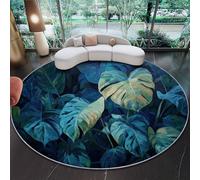 Alfombras Redondas 160 cm - Pintura Al Óleo Jungla Hojas De Monstera Alfombras para Sala De Estar, Azul Oscuro Verde Alfombra Circular Antideslizante para Interiores Habitación Infantil Dormitorio
