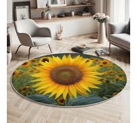Alfombras Redondas 160cm, Microfibra Suave Alfombra Círculo, Salón Dormitorio Antideslizante Lavable Estampados Paisaje Flores Girasoles Mar De Flores Alfombras de área, Amarillo Verde