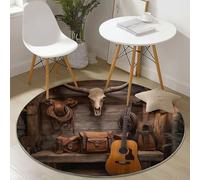 Alfombras Redondas 60 cm, Tapete Redondo Antideslizante Retro Vaquero del Oeste Guitarra Tema Alfombra de Área Redonda para Salón Sofá Mesa de Café Estudio Comedor Dormitorio Oficina, Marrón