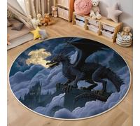 Alfombras Redondas 80 Cm Microfibra Suave Alfombra Círculo Salón Dormitorio Antideslizante Lavable Dragón Negro Estilo Fantasía Alfombras De Área, Azul Nublado