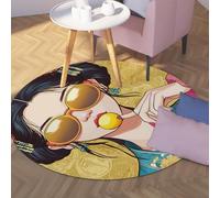 Alfombras Redondas Amarillas 80cm Retrato Chica Moda Lavable Respaldo Antideslizante Suave Pelo bajo Tiro Alfombra Circular para Comedor Habitación Invitados Junto a la Cama