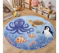 Alfombras Redondas Antideslizantes Para Dormitorio Y Sala De Estar,Estilo Dibujos Animados,Pulpo Pingüino Tortuga Pez Elementos, Suave Lavable A Máquina, Alfombras De Suelo Que No Se Desprenden,80Cm