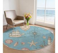 Alfombras Redondas Azul Animales Marinos Conchas Marinas Salon Antideslizante Alfombras, Vintage Náutico Rosa De Los Vientos Ultrafina Suave 100 cm Pelo Corto para Comedor Dormitorio Familiar Entrada