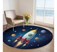 Alfombras Redondas Azul Galaxia Planeta Salon Antideslizante Alfombras, Dibujos Animados Universo Espacio Nave Espacial Ultrafina Suave 100 cm Pelo Corto para Comedor Dormitorio Familiar Entrada