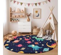 Alfombras Redondas Azul Oscuro 120cm Alfombra Círculo Dinosaurios Dibujos Animados, Planetas Antideslizante Lavable Alfombras de área Pelo Corto Dinosaurio Espacial para Habitacion Dormitorio Comedor