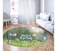 Alfombras Redondas Boho Primavera Hermosas Flores Blancas y césped verLavable Antideslizante Felpudo Entrada Guardería Sala Juegos Dormitorio Decoración Minimalista para el hogar 200x200cm