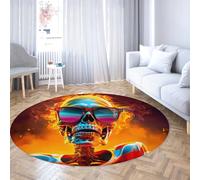 Alfombras redondas de Halloween 150cm Calavera divertida en llamas Lavable Antideslizante Alfombra de juego divertida para aula Habitación de guardería para niños pequeños Alfombras decorativas