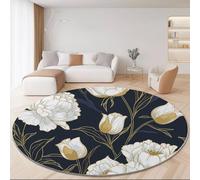 Alfombras Redondas Elegancia Moderna Floral Arte Lineal Imprimir Antideslizante Alfombra Redonda 100 cm para Sala de Estar Dormitorio Estudiar Entrada, Pelo Corto Lavable Alfombras Azul Oscuro Blanco