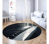 Alfombras redondas en blanco y negro con teclas de piano 200cm - Alfombra redonda de bajo nivel para estudio de música moderna para sala de estar dormitorio oficina en casa balcón junto a la cama