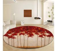 Alfombras Redondas Estilo Óleo Árboles del Bosque, Tapete Rojo Suave Antideslizante - Alfombras Pelo Corto Lavable Lana Sintética Diámetro de 80 cm para Salón Dormitorio Oficina