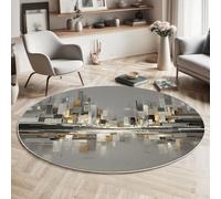 Alfombras Redondas Gris 100cm, Alfombra Círculo Paisaje Urbano Reflexiones Franela Suave, Alfombra Arquitectura Moderna Geometría Antideslizante Pelo Corto, para Dormitorio Comedor Sala de Estar