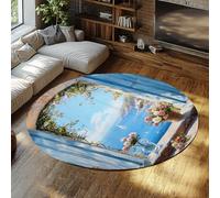 Alfombras redondas lavables 80cm（Redondo） Alfombra antideslizante ventana Cielo azul Alfombras finas suaves salón entrada dormitorio cocina flores rosas y alfombra interior con vistas al mar