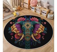 Alfombras Redondas Negro 100 Cm Alfombra Salon Antideslizante Alfombras Lavables En Lavadora Alfombra Dormitorio Comedor Mandala Elefante Tapete Quarto Pelo Corto, Animales Flores