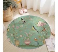 Alfombras Redondas Oriental Pájaro Flores Planta en Maceta Imprimir Antideslizante Alfombra Redonda 180 cm para Sala de Estar Dormitorio Estudiar Entrada, Pelo Corto Lavable Vistoso Alfombras