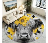 Alfombras redondas para sala de estar, 120 cm, diseño de animales de granja, vaca, girasol, lavable, para dormitorio, antideslizante, no se desprende, suave, de pelo bajo, alfombra blanca para