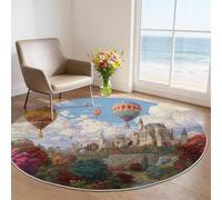Alfombras redondas para sala de estar, 180 cm, lavables a máquina, antideslizante, no se desprenden, diseño clásico de castillo de cuento de hadas y globos aerostáticos para sala de juegos, azul y