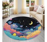 Alfombras redondas para sala de estar de 150 cm, diseño de nubes y planetas de pájaros amarillos, lavable, para dormitorio, antideslizante, suave, de pelo bajo, nubes de pájaros, alfombra circular