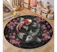 Alfombras Redondas Rosa 150cm, Alfombra Círculo Koi Flores De Cerezo Ondas De Agua Franela Suave, Alfombra Estética Del Tatuaje Japonés Antideslizante Pelo Corto, para Dormitorio Comedor Sala de Estar