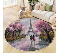Alfombras Redondas Rosa 200 Cm Alfombra Salon Antideslizante Alfombras Lavables En Lavadora Alfombra Dormitorio Comedor Torre Eiffel Tapete Quarto Pelo Corto, Pintura Al Óleo Romántica Una Calle