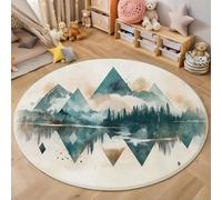 Alfombras Redondas Turquesa 120cm, Alfombra Círculo Bosques Montañas Franela Suave, Alfombra Geometría Acuarela Antideslizante Pelo Corto, para Dormitorio Comedor Sala de Estar Oficina