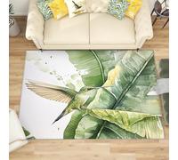 Alfombras Salon Moderna 160x230 cm Hojas de PláTano en Acuarela y Colibrí Suave Alfombra de Habitacion Antideslizante Lavables Apta para Mascotas Antiincrustante Verde Claro Tapete Sala para Sala Baño