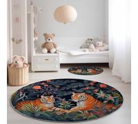 Alfombras Salón Redonda 100 cm, Pelo Corto Alfombra Habitación Dormitorio Lavables Alfombra Antideslizante Dibujo Animado Pintura Al Óleo Ilustración De Tigre cocina, decoración del hogar Verde Oscuro