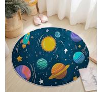 Alfombras Salón Redonda 160 cm, Pelo Corto Alfombra Habitación Dormitorio Lavables Alfombra Antideslizante Planetas pintados a mano de dibujos animados cocina, decoración del hogar Azul oscuro