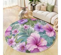 Alfombras Salón Redonda Flores Tropicales Alfombra De Pelo Corto Pintura De Acuarela De Flores De Hibisco Alfombra Lavables Antideslizante Muy Suave para salón o Dormitorio, Púrpura Claro, 100cm