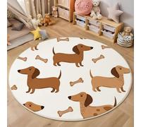 Alfombras Salón Redonda Pelo Largo, Estampado de Perro Salchicha Lindo Dibujo Animado, Antideslizante Lavable para Dormitorio Habitación Infantil marrón 120cm