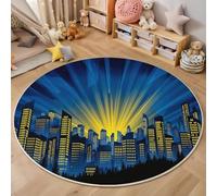 Alfombras Salón Redonda Pelo Largo, Ilustraciones de Ciudades Estilo de Dibujos Animados, Antideslizante Lavable para Dormitorio Habitación Infantil Amarillo Azul 160cm