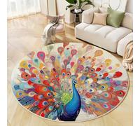 Alfombras Salón Redonda Pelo Largo, Pavo Real Elegante Pinturas al óleo de Animales, Antideslizante Lavable para Dormitorio Habitación Infantil Rojo y Amarillo 180cm