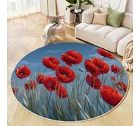 Alfombras Salon Redondas Azul Celeste, Impresión Amapola Roja Pintura Al Óleo Flores Pastorales Alfombra Antideslizante Suave para Dormitorio Comedor Sala De Estar, Diámetro 200 Cm