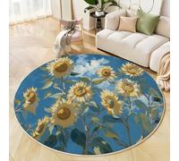 Alfombras Salon Redondas Azul Celeste, Impresión Girasoles Bajo El Cielo Azul Pinturas Al Óleo Impresionistas Alfombra Antideslizante Suave para Dormitorio Comedor Sala De Estar, Diámetro 120 Cm