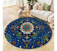Alfombras Salon Redondas Azul Marino, Impresión Estampado Floral Mandala 3D Estilo Bohemio Alfombra Antideslizante Suave para Dormitorio Comedor Sala De Estar, Diámetro 200 Cm