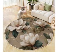 Alfombras Salon Redondas Beige Oscuro, Impresión Flores Blancas Magnolia Y Hojas Verdes Floral Retro Alfombra Antideslizante Suave para Dormitorio Comedor Sala De Estar, Diámetro 200 Cm