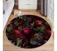 Alfombras Salon Redondas Rojo Oscuro, Impresión Rosas Elegantes Floral Lujo Vintage Alfombra Antideslizante Suave para Dormitorio Comedor Sala De Estar, Diámetro 150 Cm