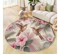 Alfombras Salon Redondas Rosa, Impresión Flores Hibisco Y Hojas Palma Colibrí Exótico La Selva Alfombra Antideslizante Suave para Dormitorio Comedor Sala De Estar, Diámetro 150 Cm