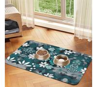 Alfombrilla absorbente de alimentación para mascotas, 40 x 60 cm, con estampado floral verde azulado y blanco, almohadilla de secado rápido, mantel individual de piel, para perros y gatos, cuenco de