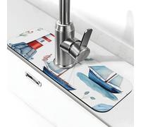 Alfombrilla absorbente para grifo de cocina, baño, cocina, protector contra salpicaduras, bonito faro, velero, barco, 38 x 14 cm