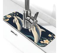 Alfombrilla absorbente para grifo de cocina, baño, cocina, protector contra salpicaduras, delfín, flor, 38 x 14 cm