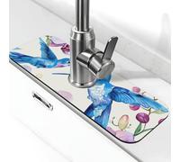 Alfombrilla absorbente para grifo de cocina, baño, cocina, protector contra salpicaduras, flor de ciruelo, azul colibrí, 38 x 14 cm