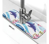 Alfombrilla absorbente para grifo de cocina, baño, cocina, protector contra salpicaduras, flor, delfín, 38 x 14 cm