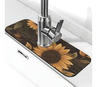 Alfombrilla absorbente para grifo de cocina, baño, cocina, protector contra salpicaduras, grano de madera marrón, girasol, 38 x 14 cm