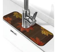 Alfombrilla absorbente para grifo de cocina, baño, cocina, protector contra salpicaduras, hoja de arce marrón, grano de madera, 38 x 14 cm