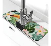 Alfombrilla absorbente para grifo de cocina, baño, cocina, protector contra salpicaduras, hoja de palma, flor, tucán, 38 x 14 cm
